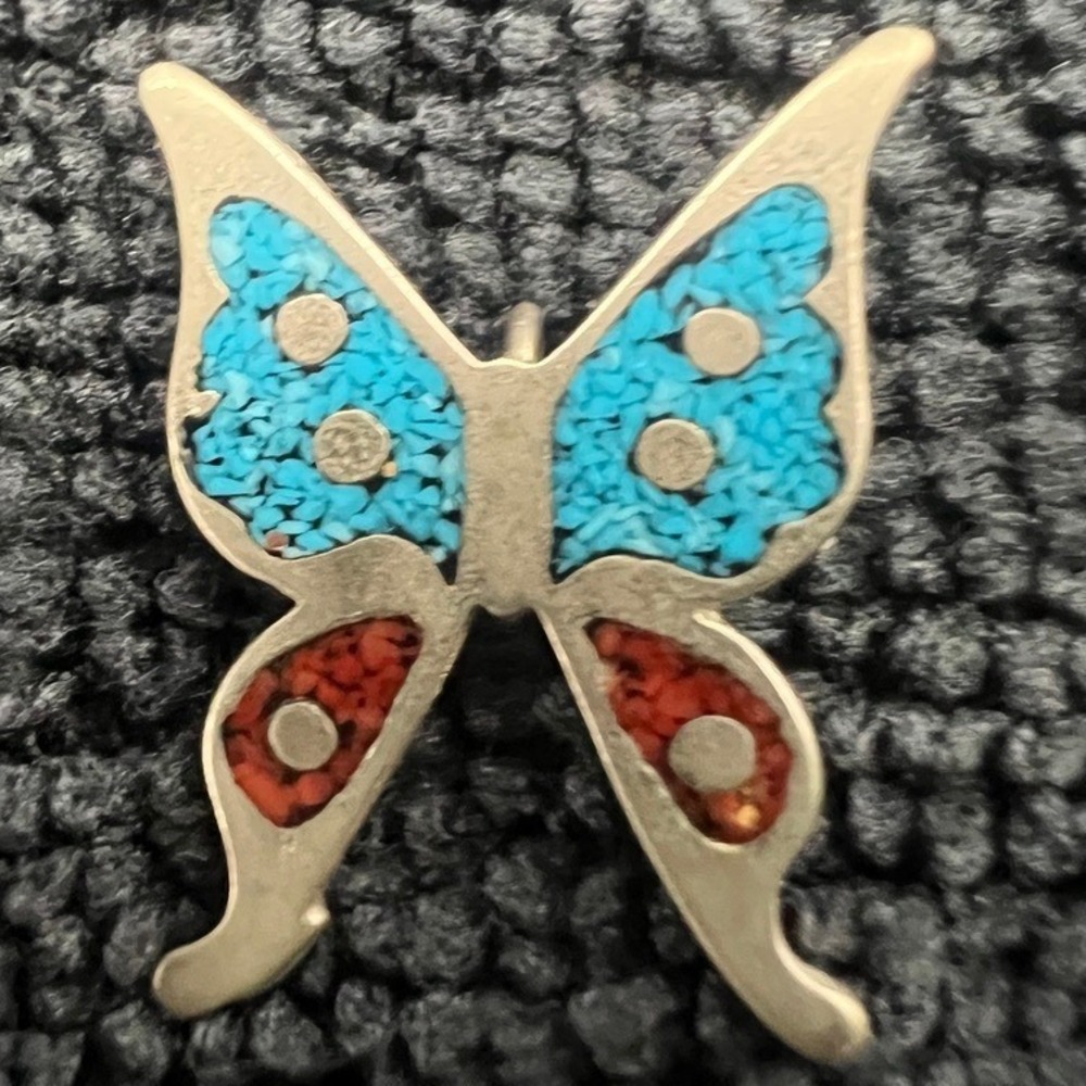 Vintage Sterling Silver Butterfly Pendant Inlaid Chipped Turquoise Coral 1" 1.6g